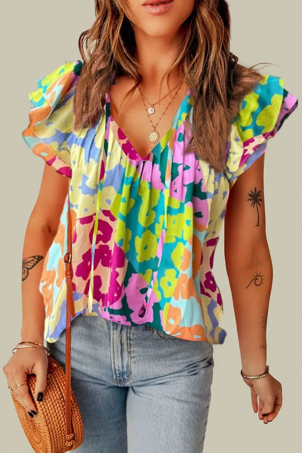 Multicolour Leopard Flutter Sleeve V Neck Crinkled Blouse - Love Salve